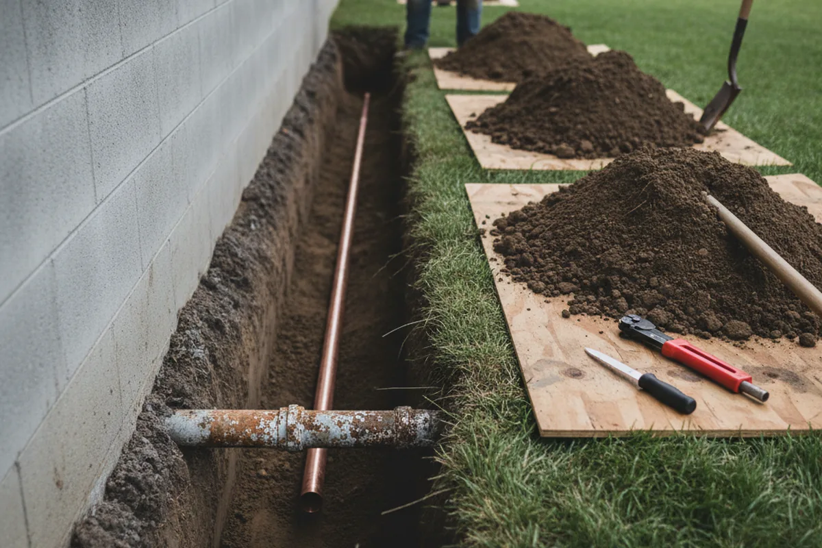 Excavated water line trench during Water Softener Installation in Taft